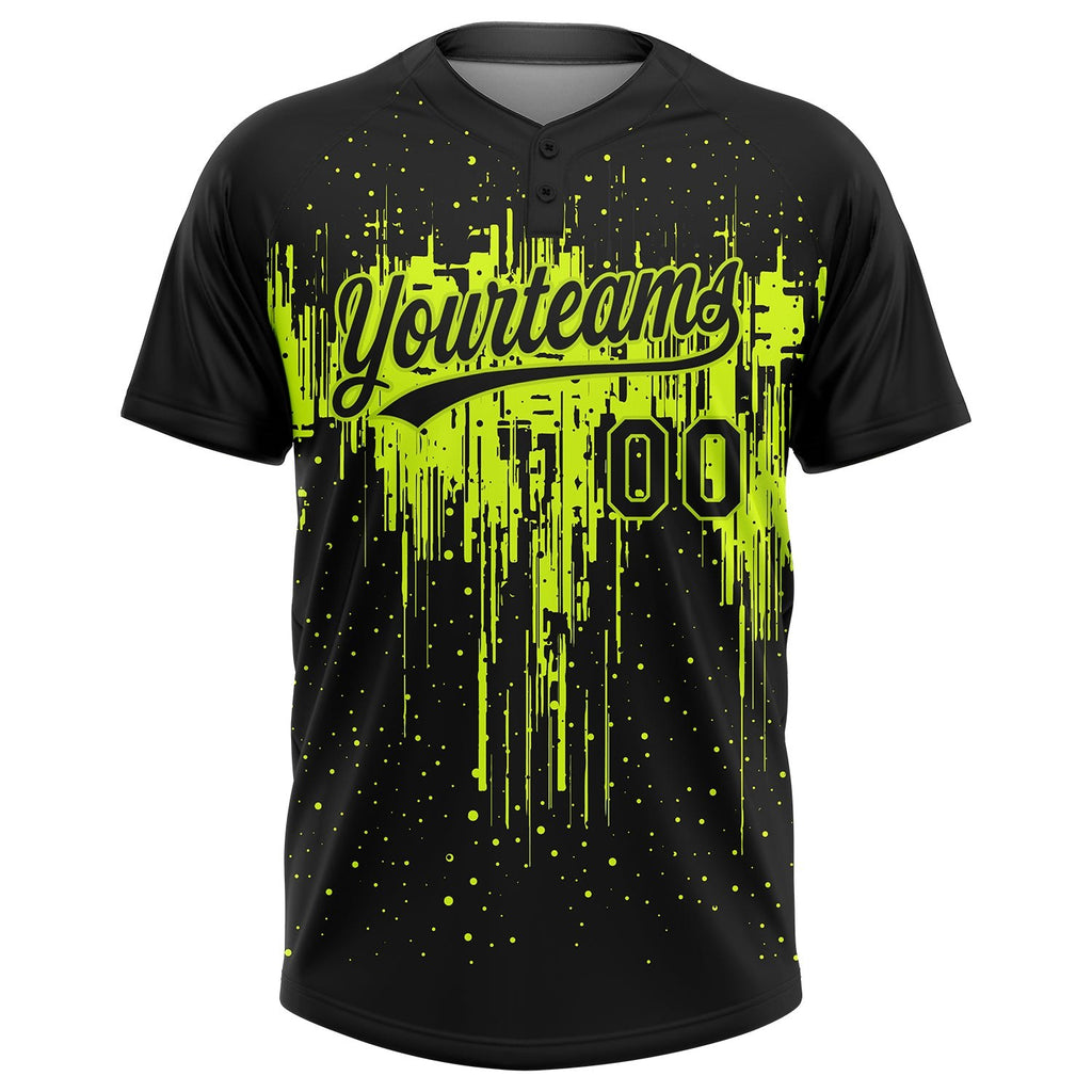 Custom Black Black-Neon Green 3D Pattern Two-Button Unisex Softball Jersey photo 2