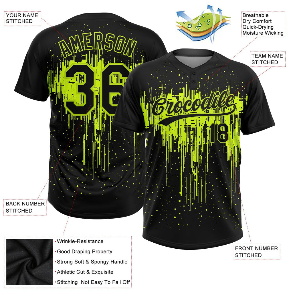 Custom Black Black-Neon Green 3D Pattern Two-Button Unisex Softball Jersey photo 3