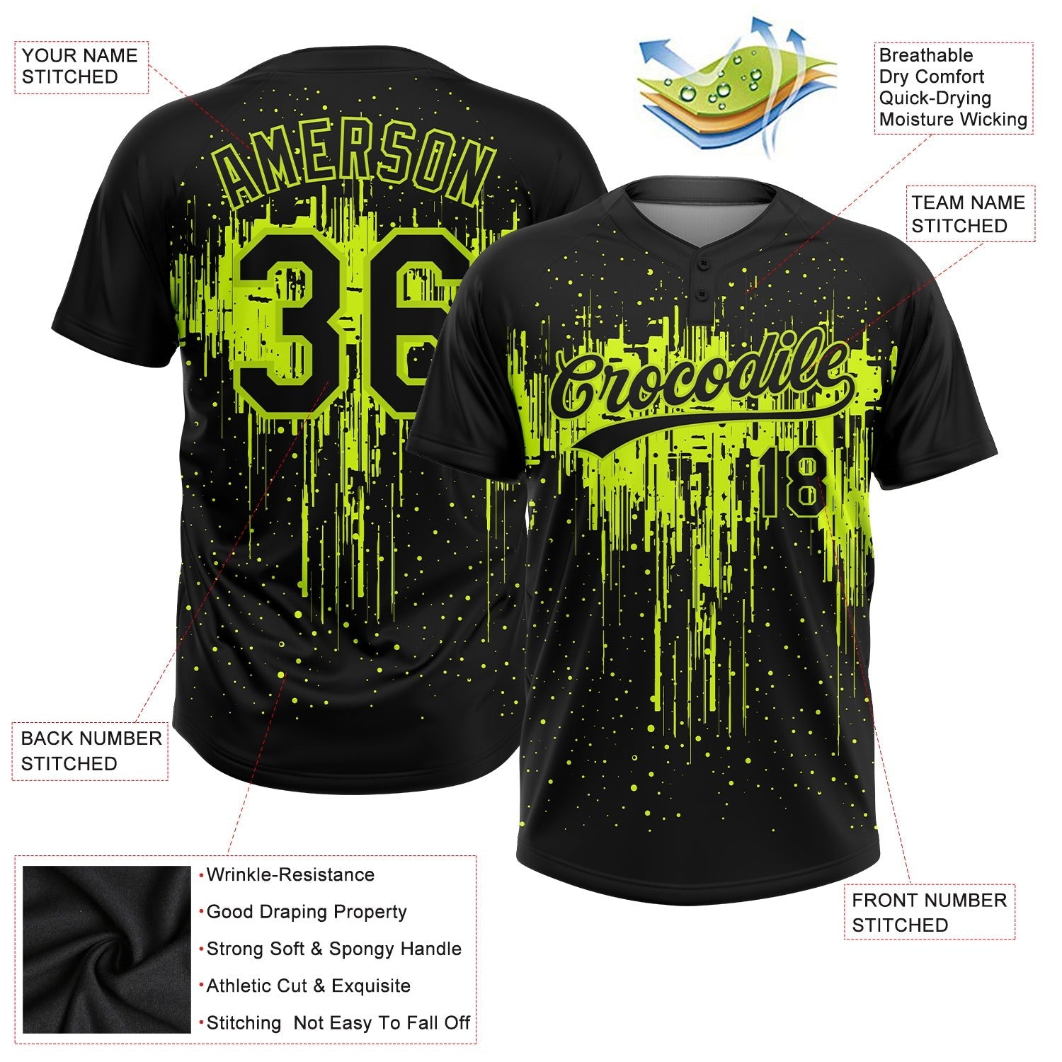 Custom Black Black-Neon Green 3D Pattern Two-Button Unisex Softball Jersey photo 3