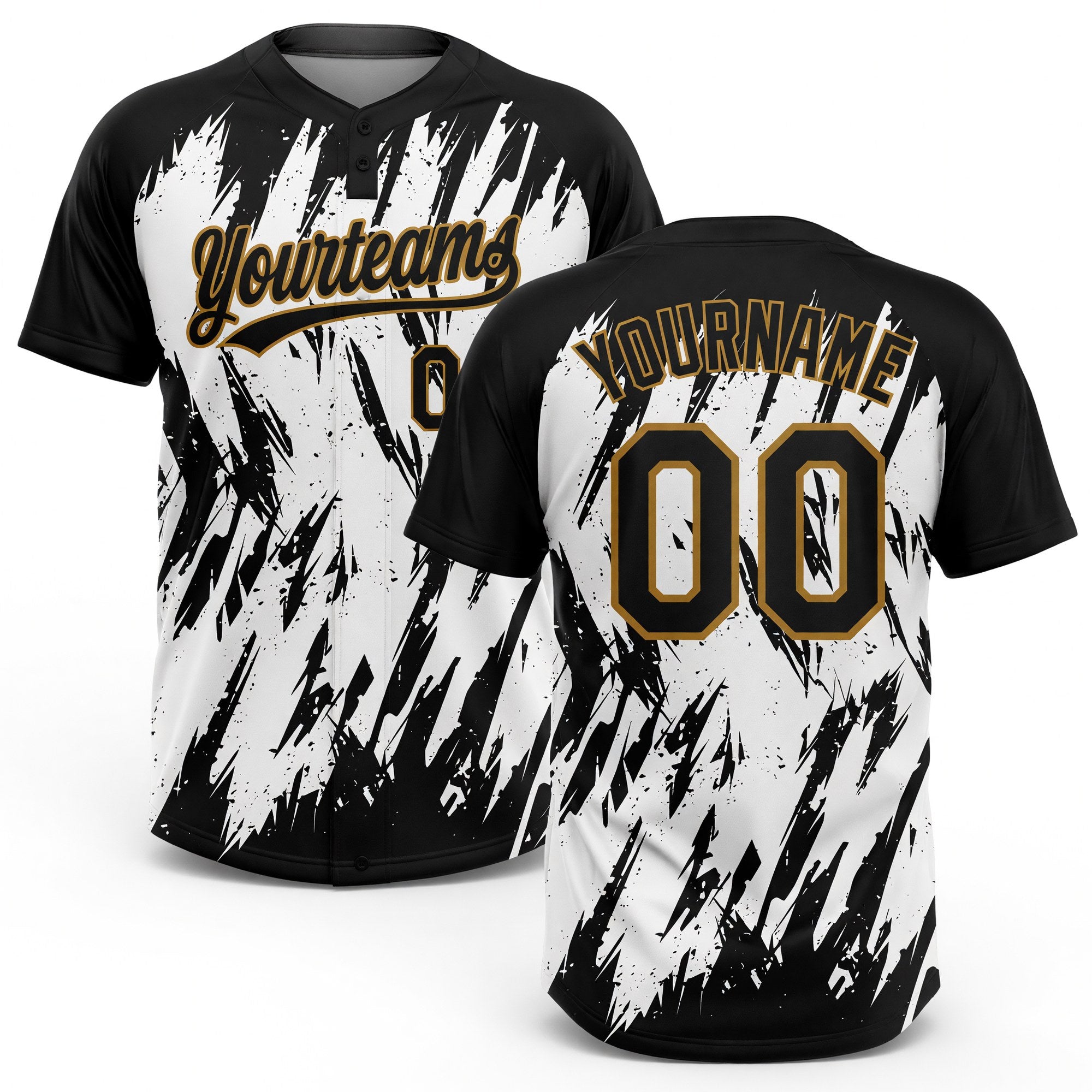 Custom White Black-Old Gold 3D Pattern Two-Button Unisex Softball Jersey