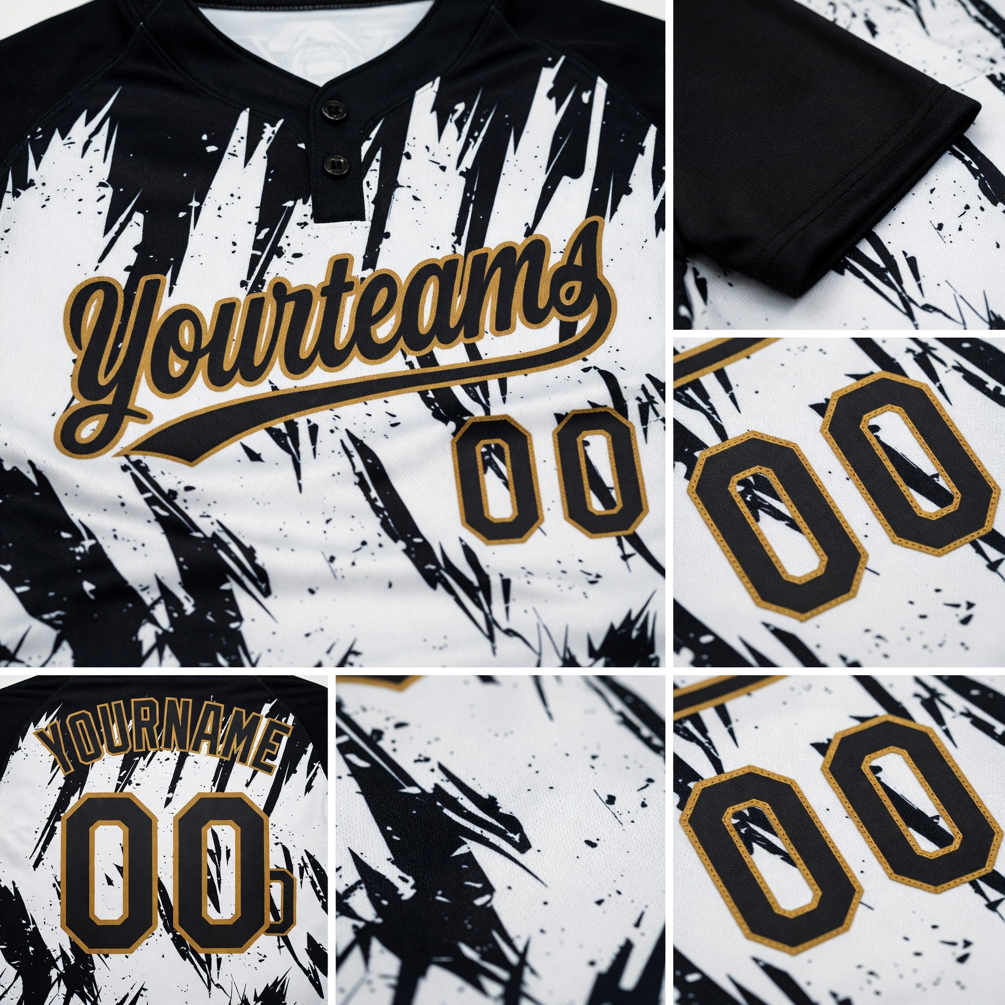 Custom White Black-Old Gold 3D Pattern Two-Button Unisex Softball Jersey detail