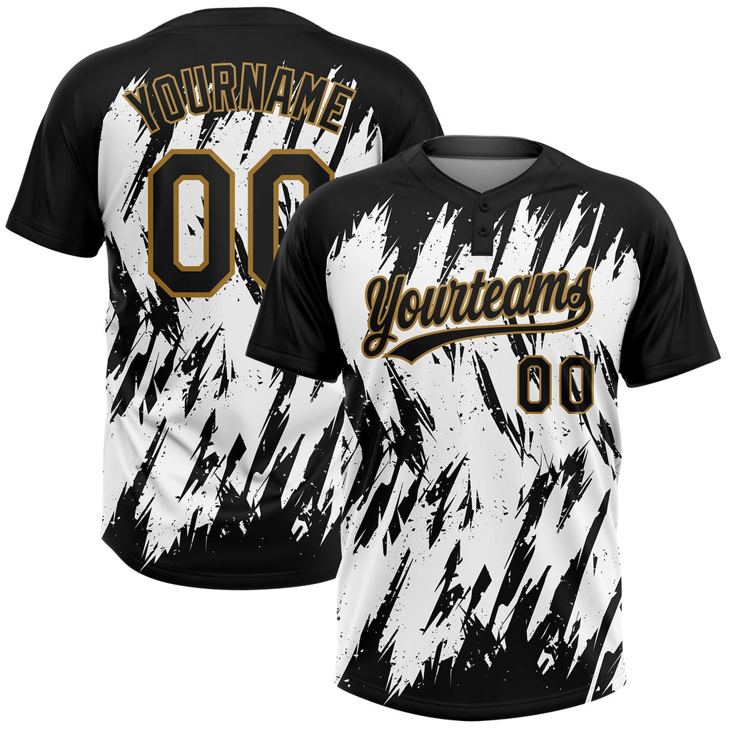 Custom White Black-Old Gold 3D Pattern Two-Button Unisex Softball Jersey photo 1