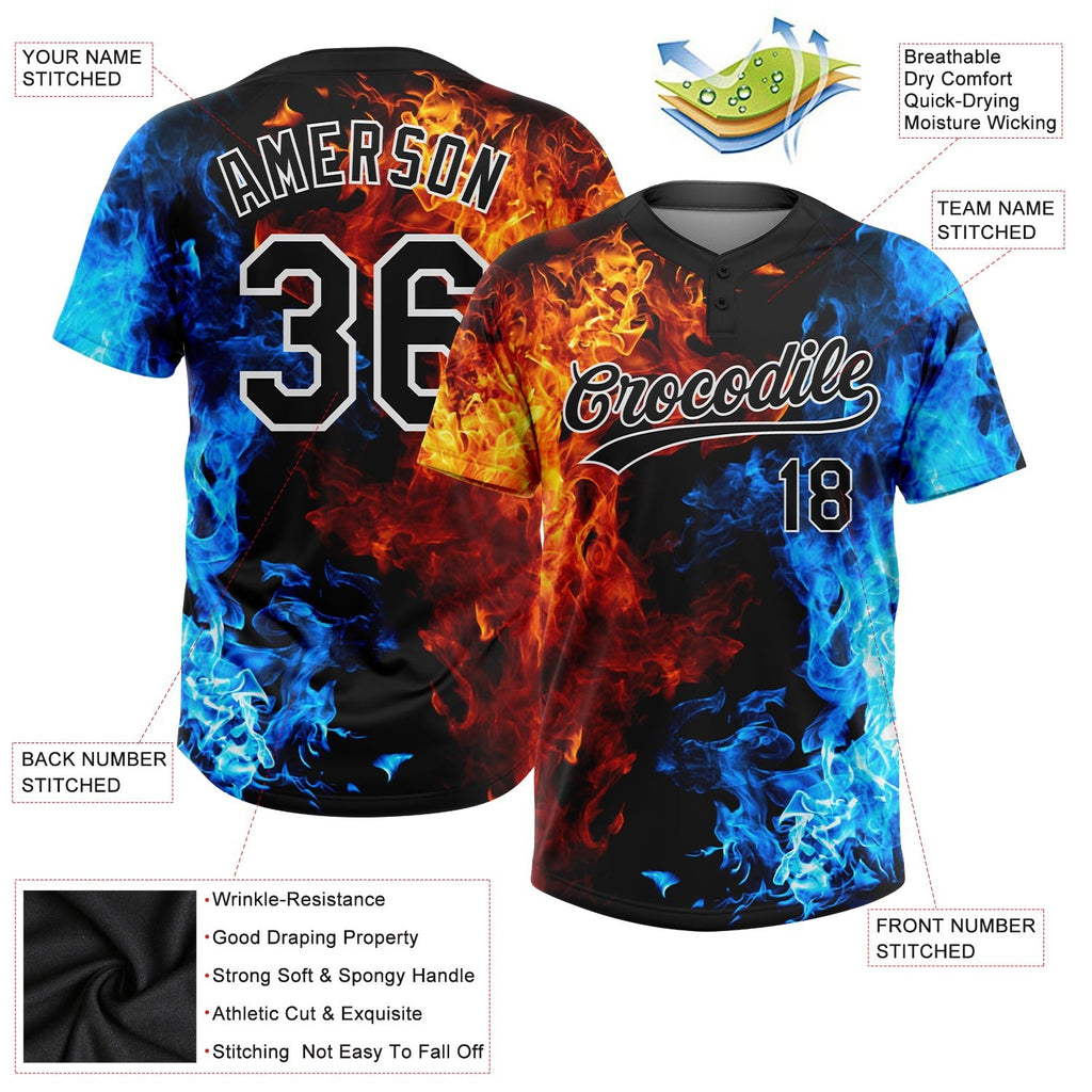 Custom Figure Black-White 3D Pattern Flame Two-Button Unisex Softball Jersey photo 3