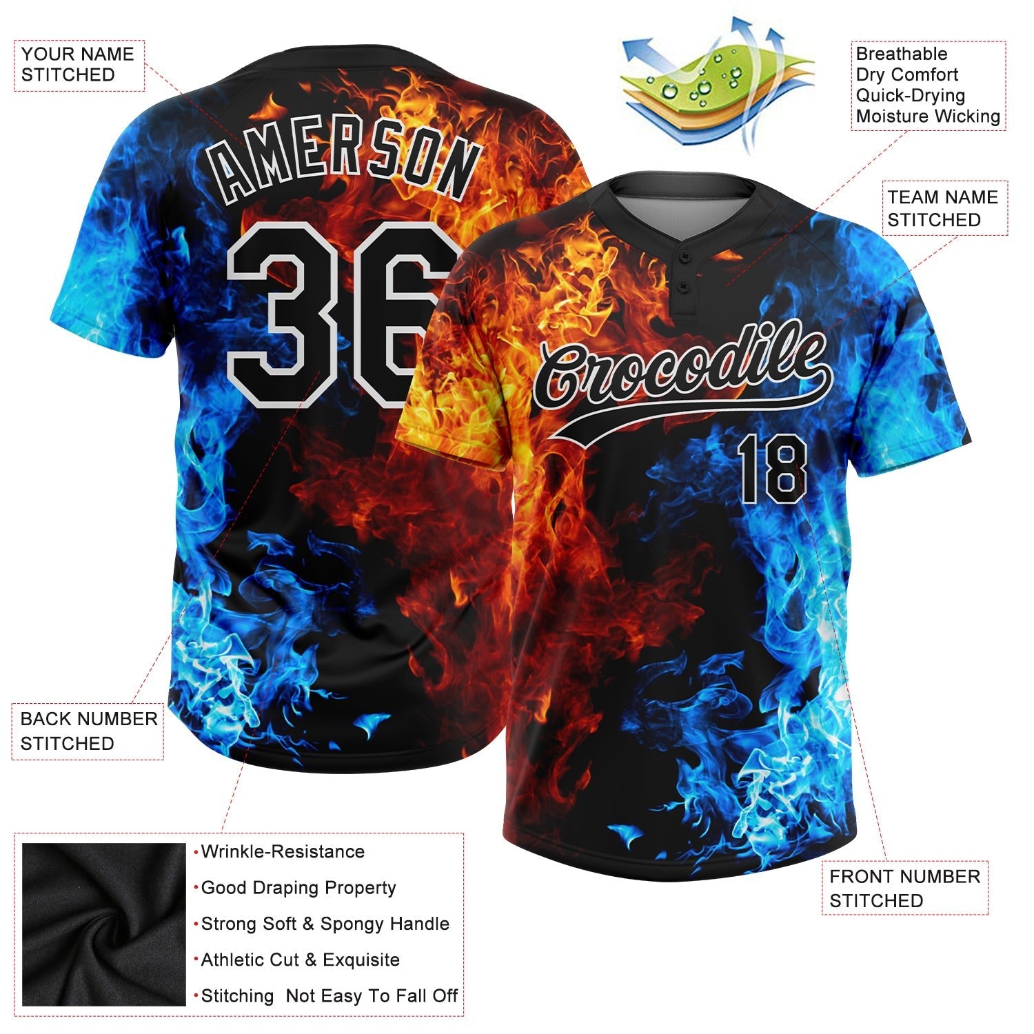 Custom Figure Black-White 3D Pattern Flame Two-Button Unisex Softball Jersey photo 3