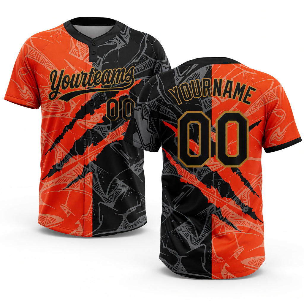 Custom Graffiti Pattern Black-Old Gold 3D Two-Button Unisex Softball Jersey
