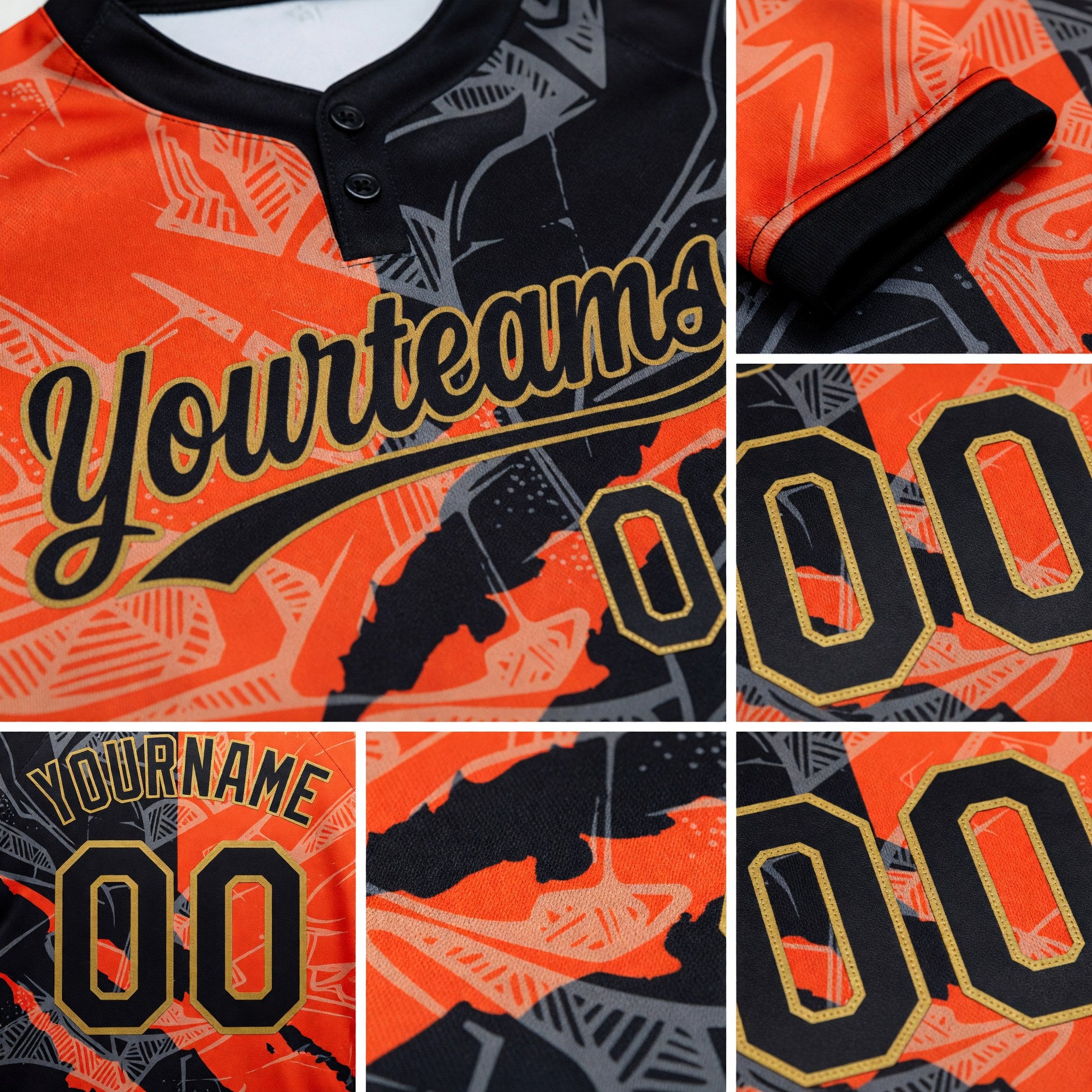 Custom Graffiti Pattern Black-Old Gold 3D Two-Button Unisex Softball Jersey detail
