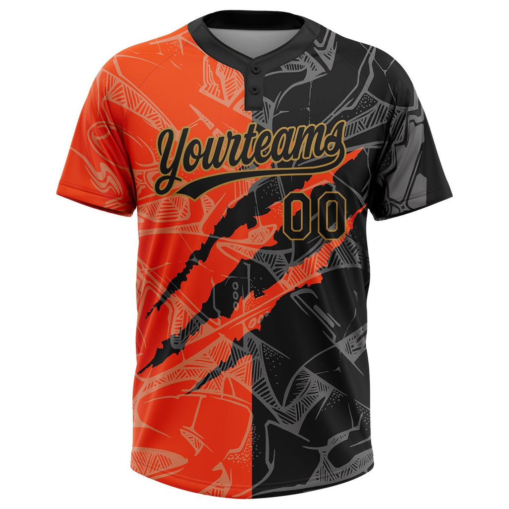Custom Graffiti Pattern Black-Old Gold 3D Two-Button Unisex Softball Jersey photo 2