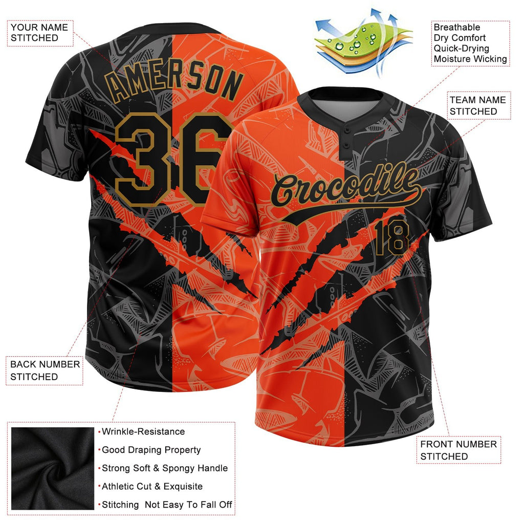 Custom Graffiti Pattern Black-Old Gold 3D Two-Button Unisex Softball Jersey photo 3