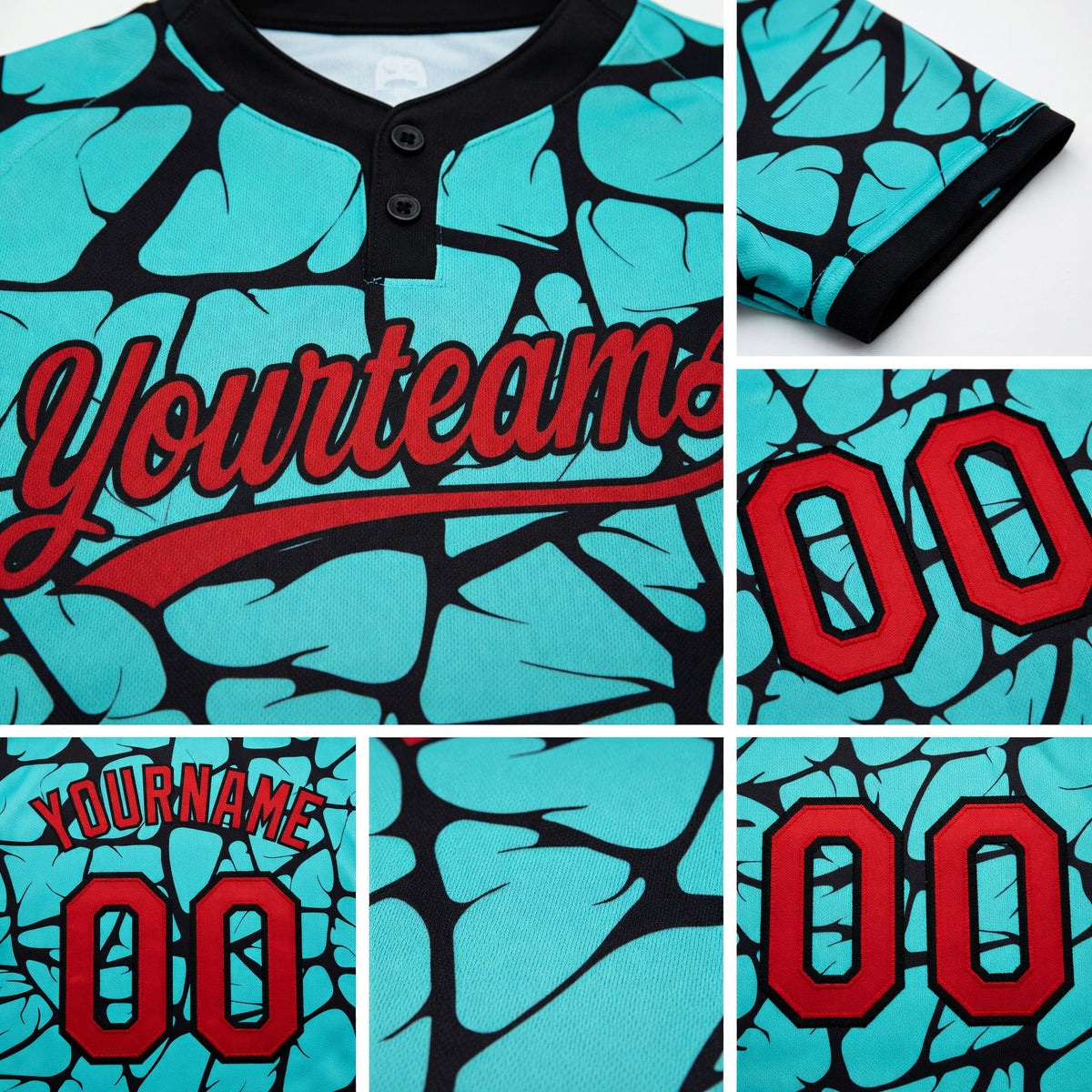 Custom Aqua Red-Black 3D Pattern Two-Button Unisex Softball Jersey detail
