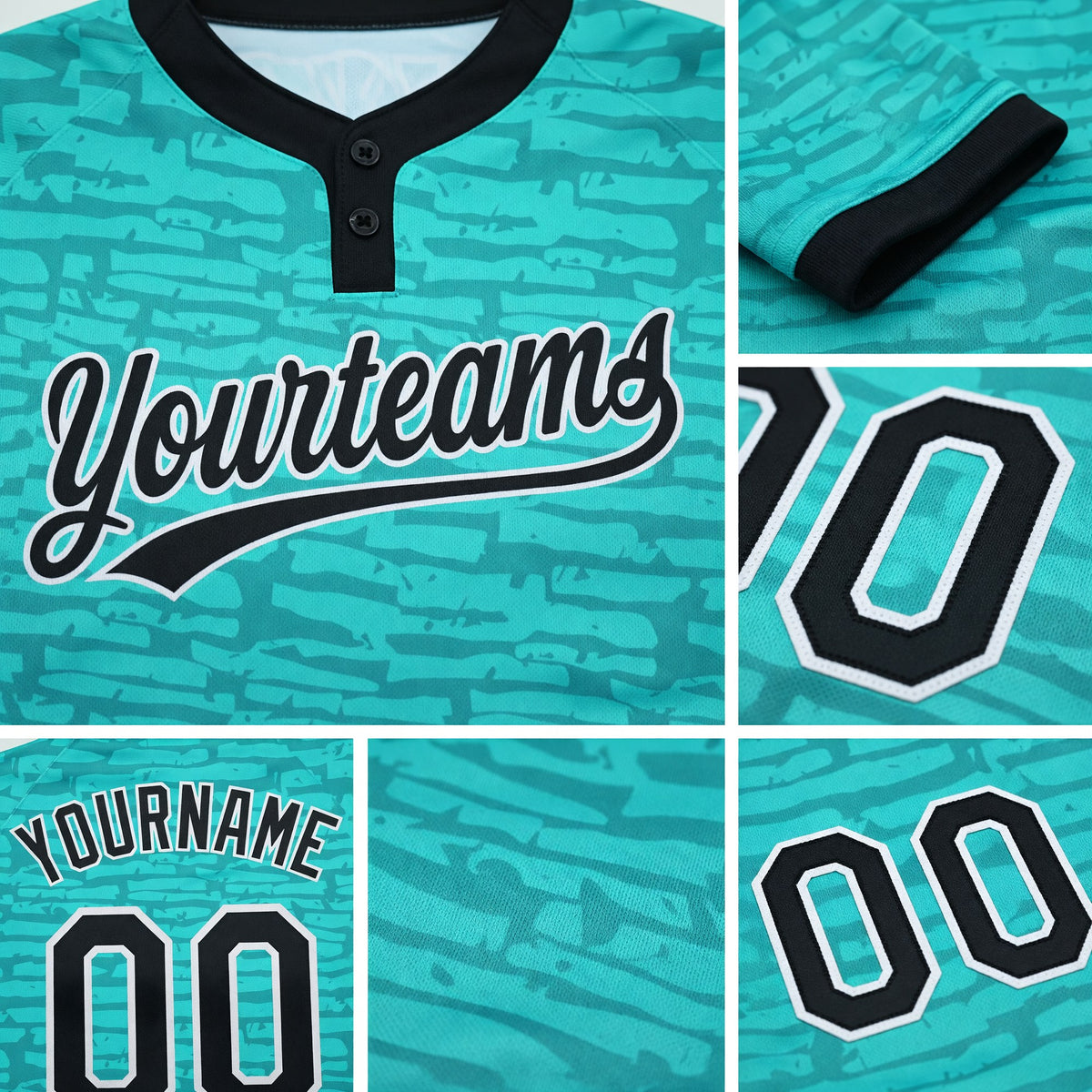 Custom Teal Black-White 3D Pattern Two-Button Unisex Softball Jersey detail