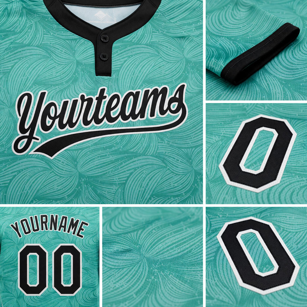 Custom Teal Black-White 3D Pattern Two-Button Unisex Softball Jersey detail