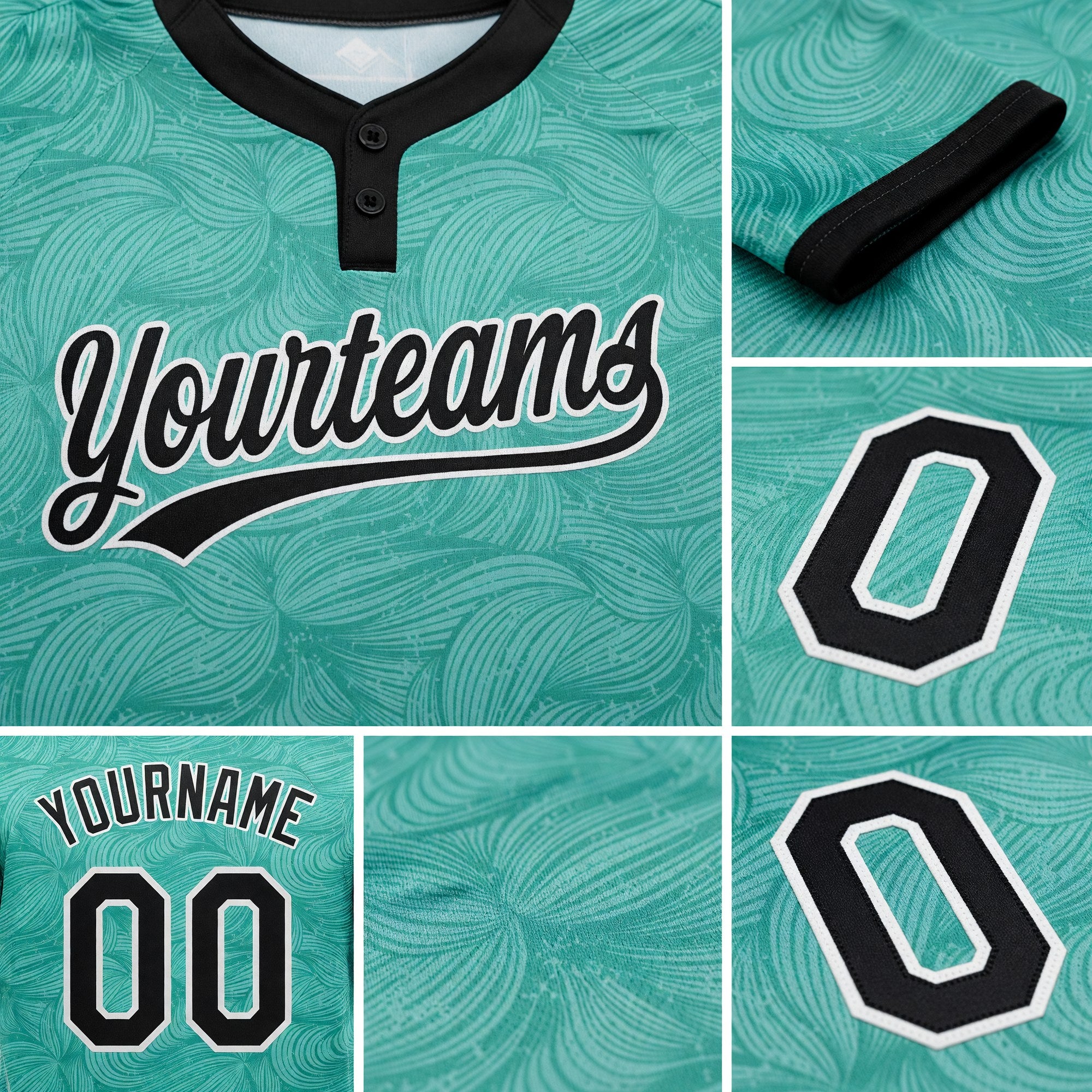 Custom Teal Black-White 3D Pattern Two-Button Unisex Softball Jersey detail