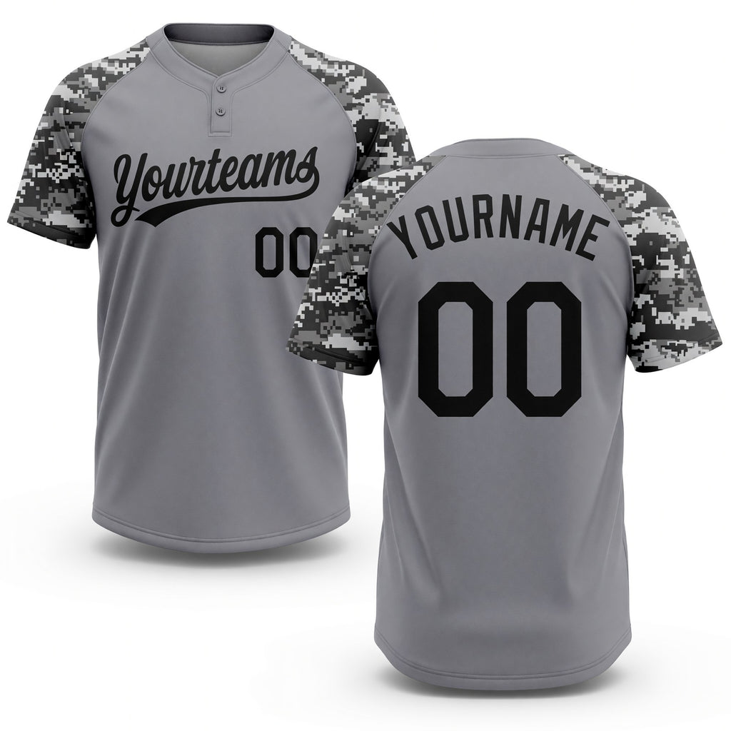 Custom Gray Black Camo Raglan Sleeves Two-Button Unisex Softball Jersey