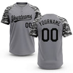 Custom Gray Black Camo Raglan Sleeves Two-Button Unisex Softball Jersey