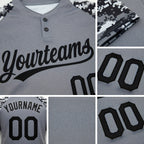 Custom Gray Black Camo Raglan Sleeves Two-Button Unisex Softball Jersey detail