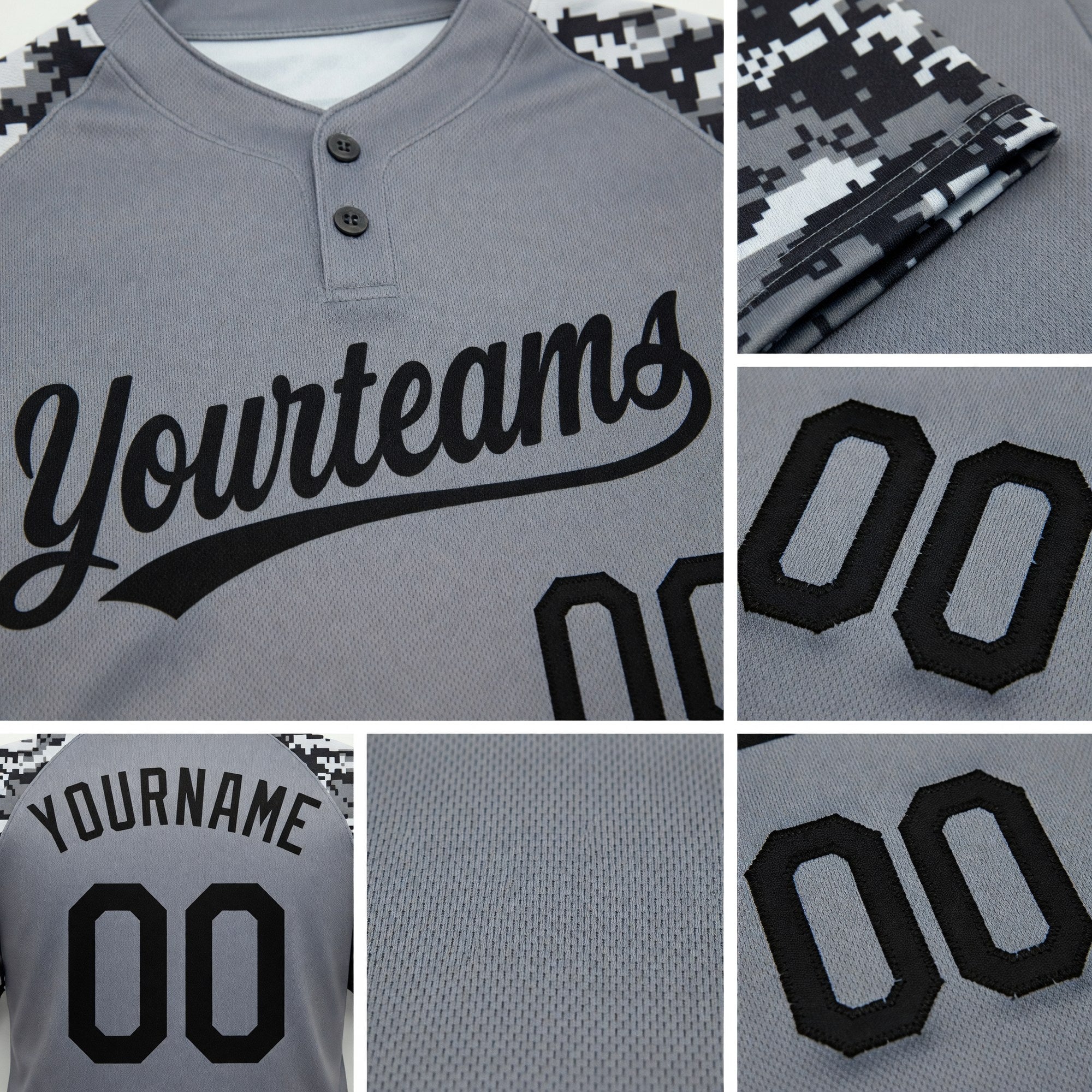 Custom Gray Black Camo Raglan Sleeves Two-Button Unisex Softball Jersey detail