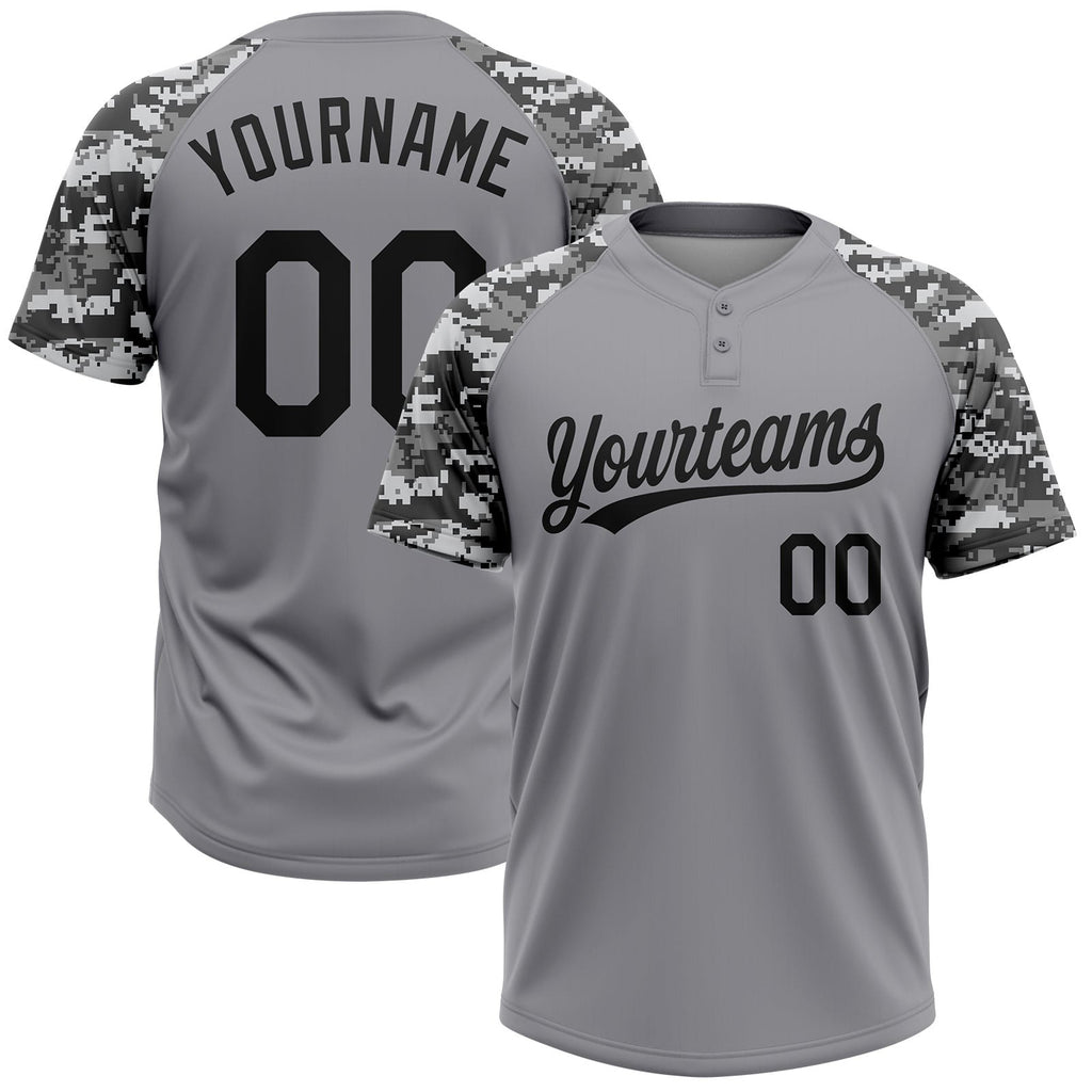 Custom Gray Black Camo Raglan Sleeves Two-Button Unisex Softball Jersey photo 1
