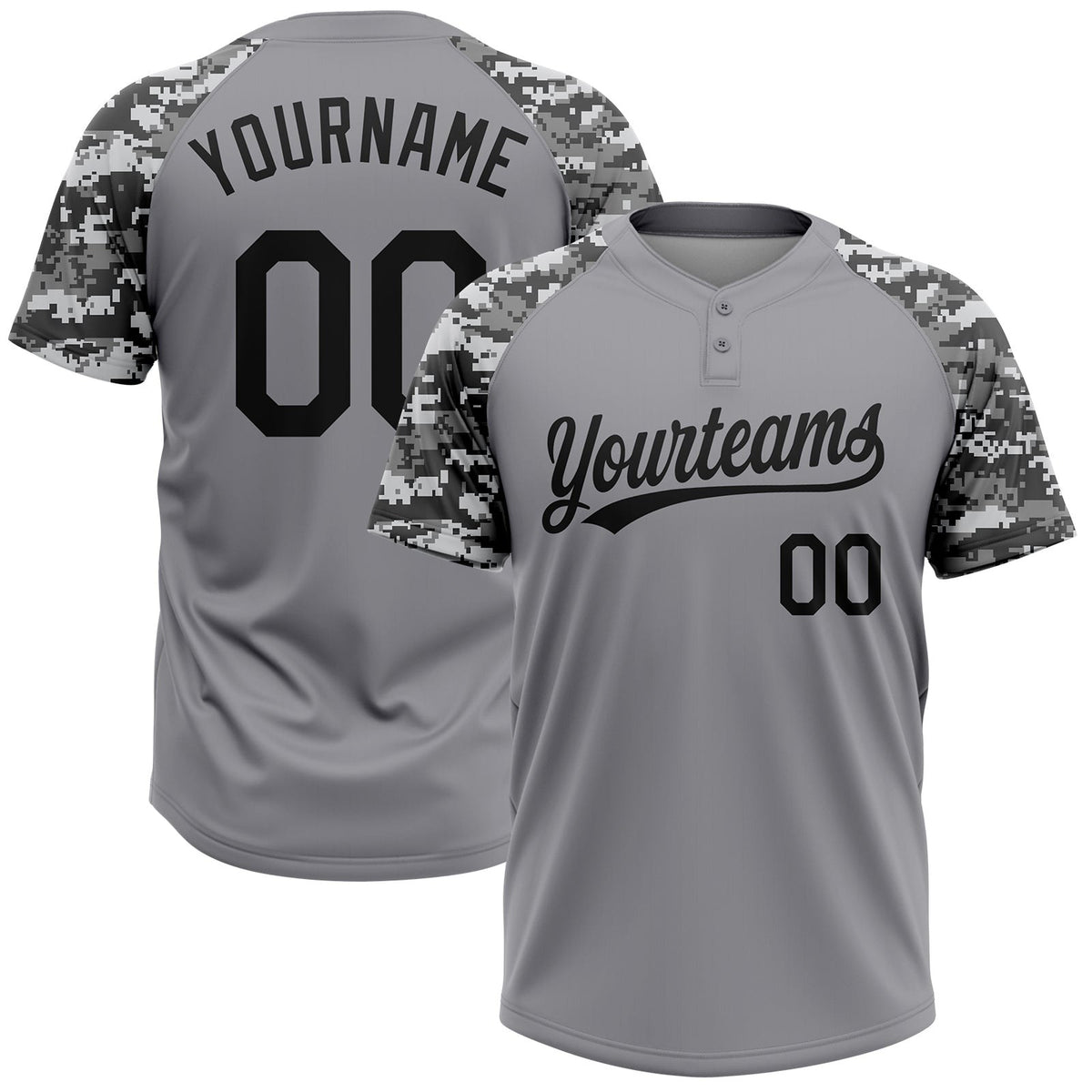 Custom Gray Black Camo Raglan Sleeves Two-Button Unisex Softball Jersey photo 1