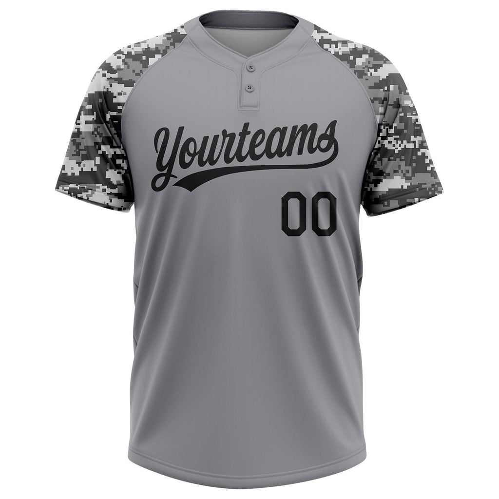 Custom Gray Black Camo Raglan Sleeves Two-Button Unisex Softball Jersey photo 2