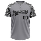 Custom Gray Black Camo Raglan Sleeves Two-Button Unisex Softball Jersey photo 2