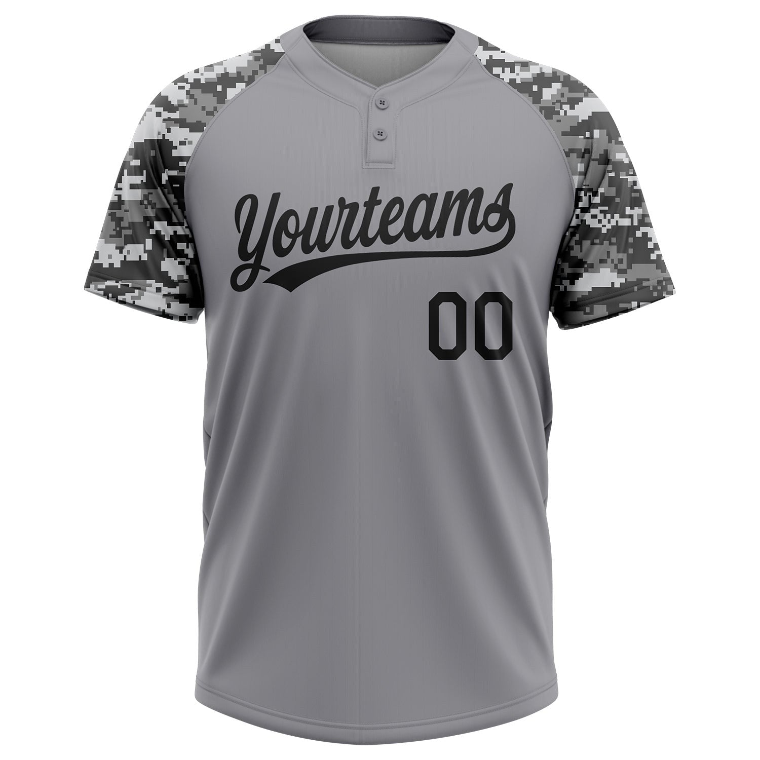 Custom Gray Black Camo Raglan Sleeves Two-Button Unisex Softball Jersey photo 2