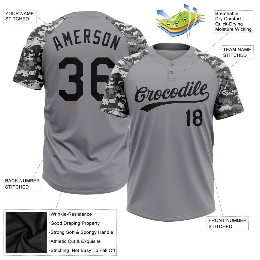 Custom Gray Black Camo Raglan Sleeves Two-Button Unisex Softball Jersey photo 3