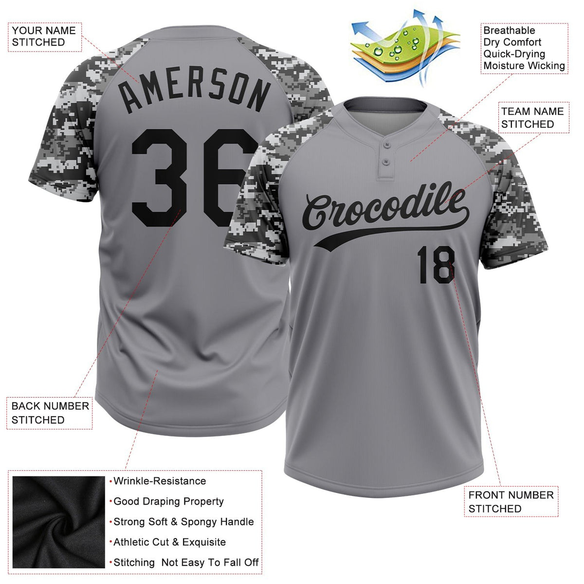 Custom Gray Black Camo Raglan Sleeves Two-Button Unisex Softball Jersey photo 3