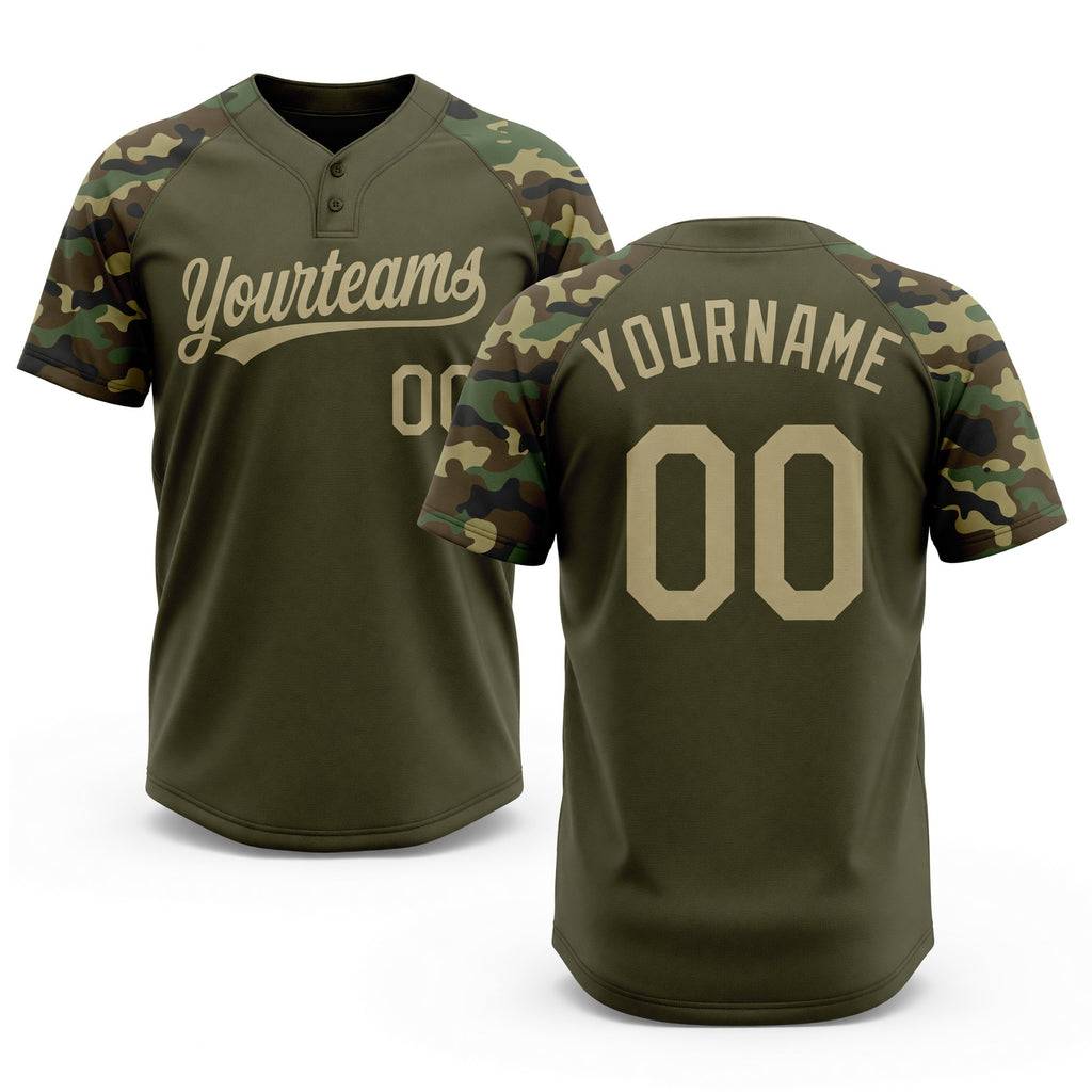 Custom Olive Vegas Gold Camo Raglan Sleeves Salute To Service Two-Button Unisex Softball Jersey