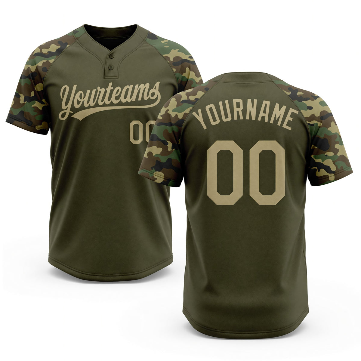Custom Olive Vegas Gold Camo Raglan Sleeves Salute To Service Two-Button Unisex Softball Jersey