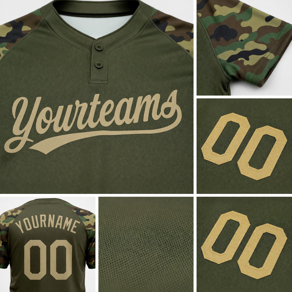 Custom Olive Vegas Gold Camo Raglan Sleeves Salute To Service Two-Button Unisex Softball Jersey detail