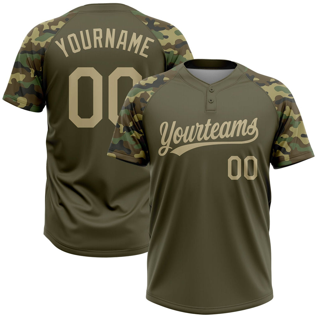 Custom Olive Vegas Gold Camo Raglan Sleeves Salute To Service Two-Button Unisex Softball Jersey photo 1