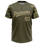 Custom Olive Vegas Gold Camo Raglan Sleeves Salute To Service Two-Button Unisex Softball Jersey photo 2