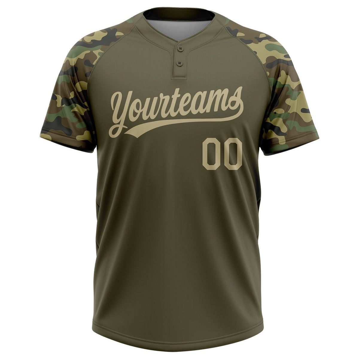 Custom Olive Vegas Gold Camo Raglan Sleeves Salute To Service Two-Button Unisex Softball Jersey photo 2