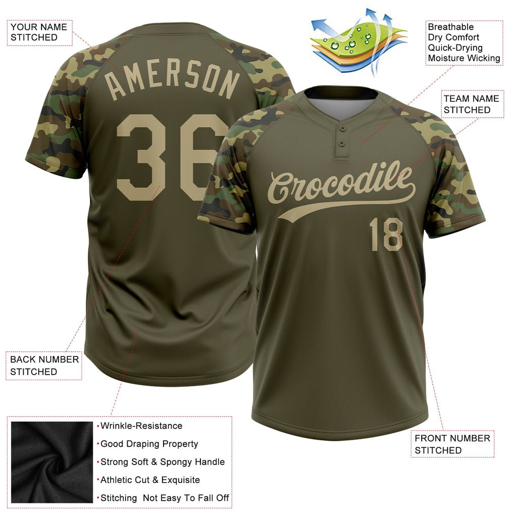 Custom Olive Vegas Gold Camo Raglan Sleeves Salute To Service Two-Button Unisex Softball Jersey photo 3