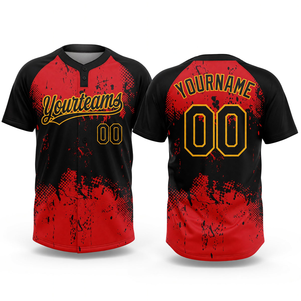 Custom Red Black-Gold 3D Pattern Two-Button Unisex Softball Jersey
