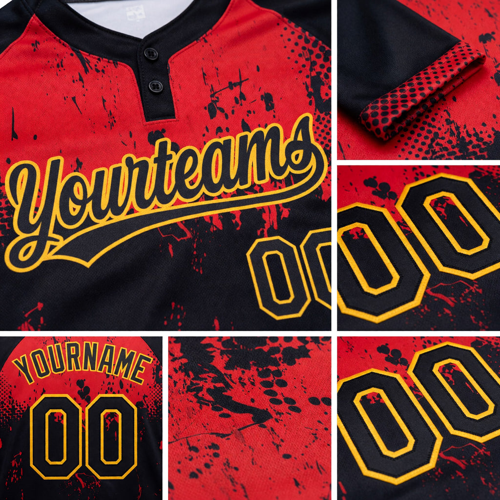 Custom Red Black-Gold 3D Pattern Two-Button Unisex Softball Jersey detail