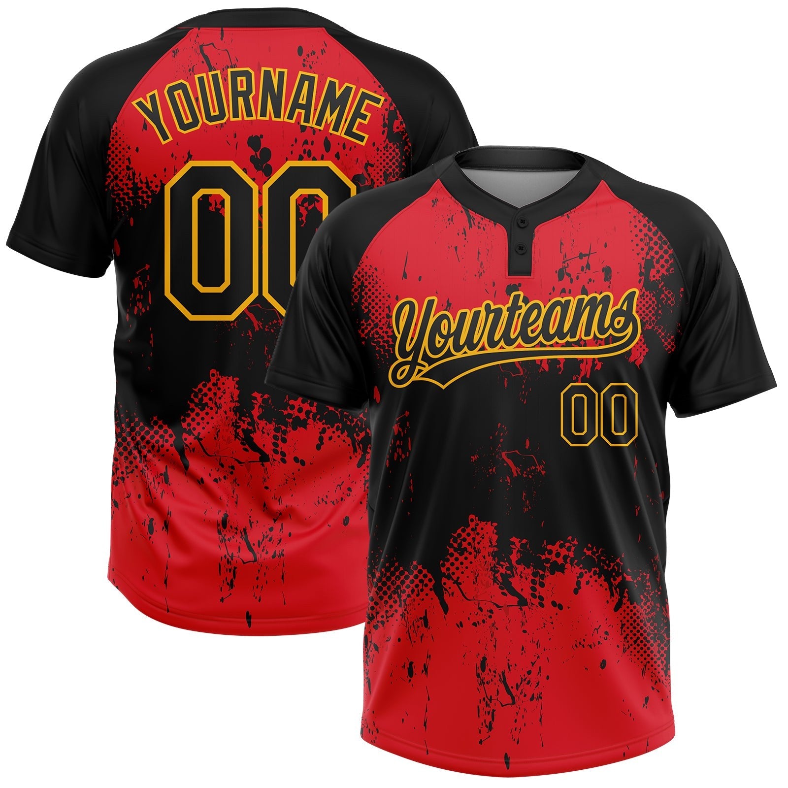Custom Red Black-Gold 3D Pattern Two-Button Unisex Softball Jersey photo 1