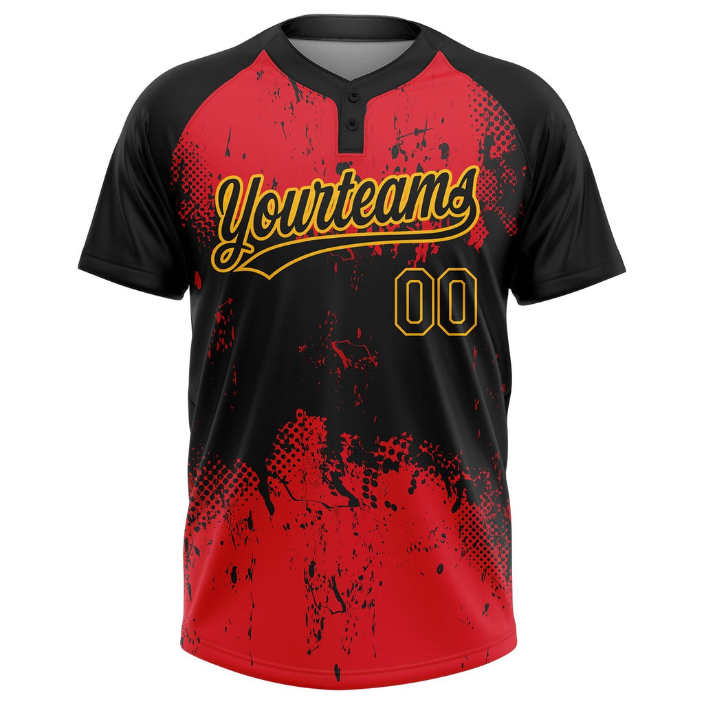 Custom Red Black-Gold 3D Pattern Two-Button Unisex Softball Jersey photo 2