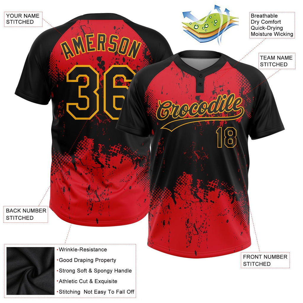 Custom Red Black-Gold 3D Pattern Two-Button Unisex Softball Jersey photo 3