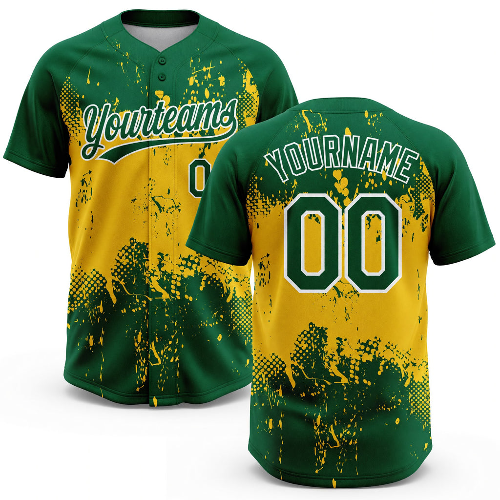 Custom Gold Green-White 3D Pattern Two-Button Unisex Softball Jersey