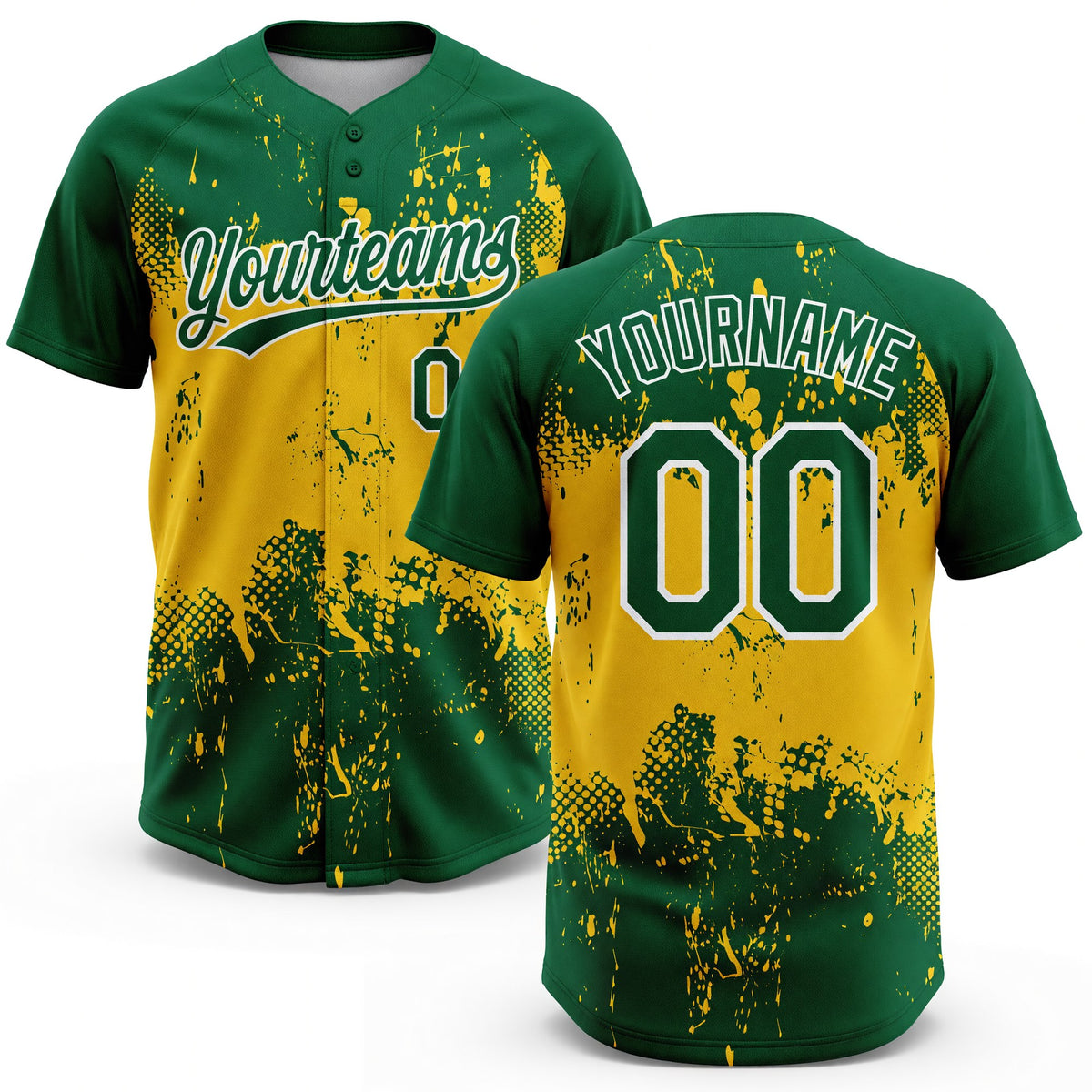 Custom Gold Green-White 3D Pattern Two-Button Unisex Softball Jersey