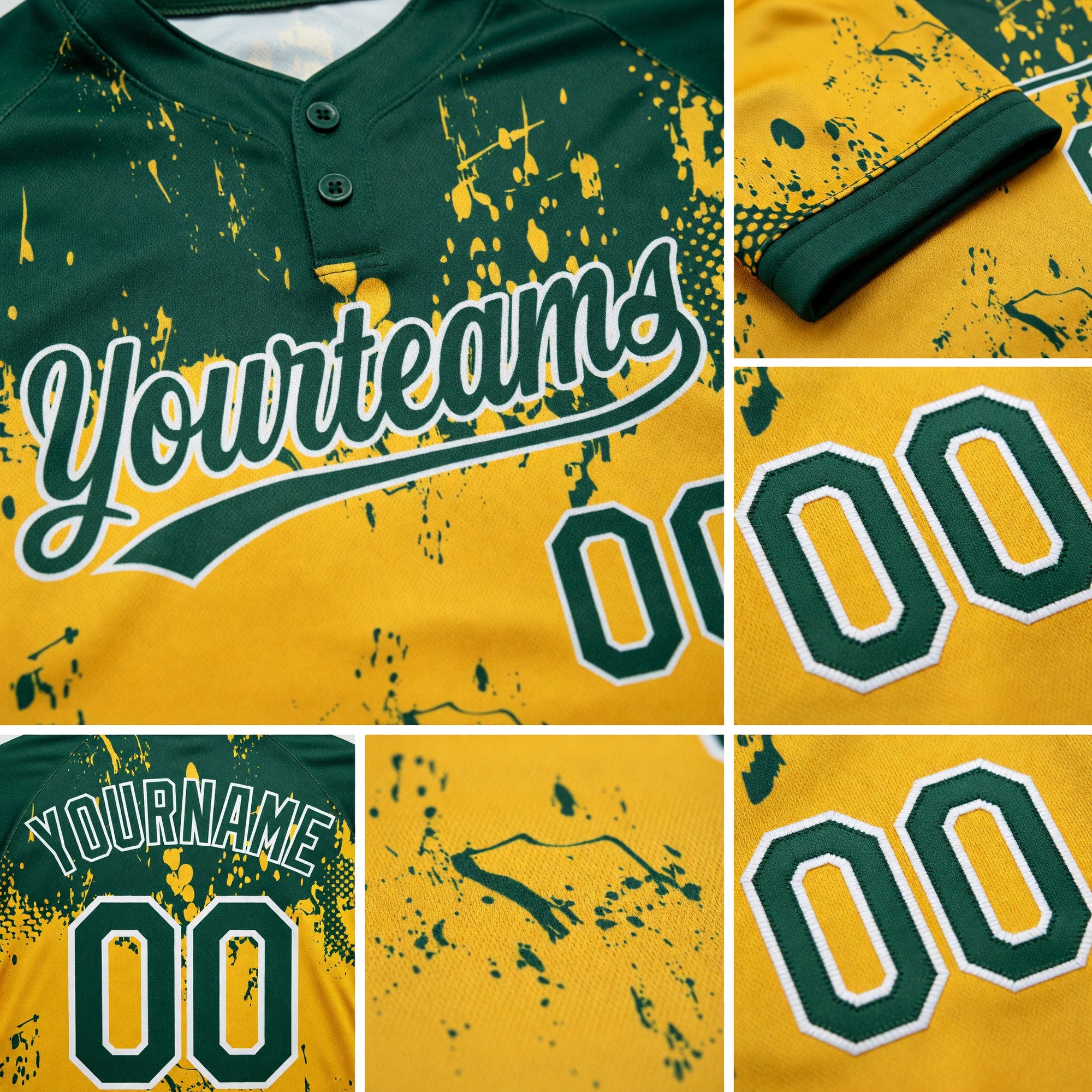 Custom Gold Green-White 3D Pattern Two-Button Unisex Softball Jersey detail