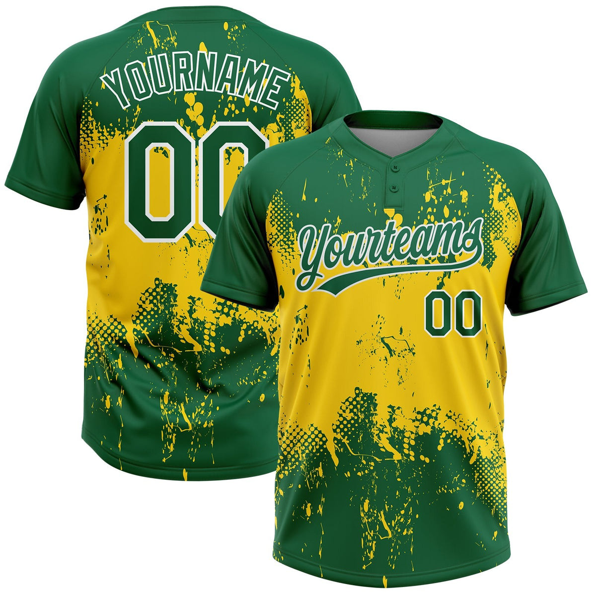 Custom Gold Green-White 3D Pattern Two-Button Unisex Softball Jersey photo 1