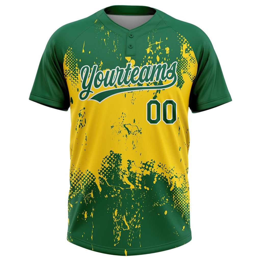 Custom Gold Green-White 3D Pattern Two-Button Unisex Softball Jersey photo 2