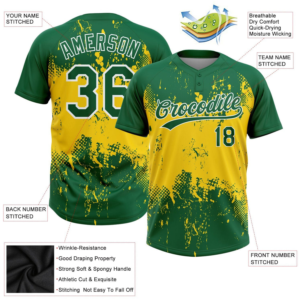 Custom Gold Green-White 3D Pattern Two-Button Unisex Softball Jersey photo 3
