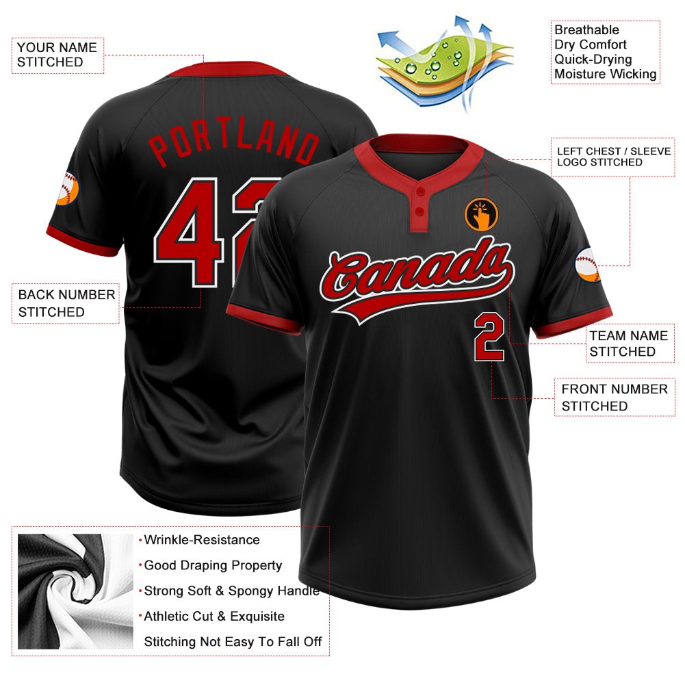 Custom Black Red-White Two-Button Unisex Softball Jersey photo 3