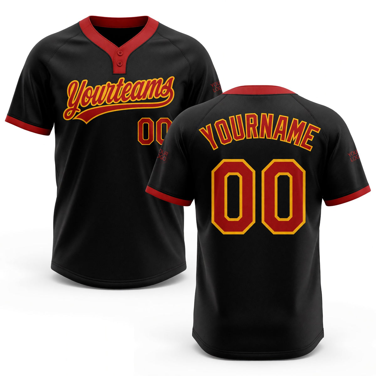 Custom Black Red-Gold Two-Button Unisex Softball Jersey
