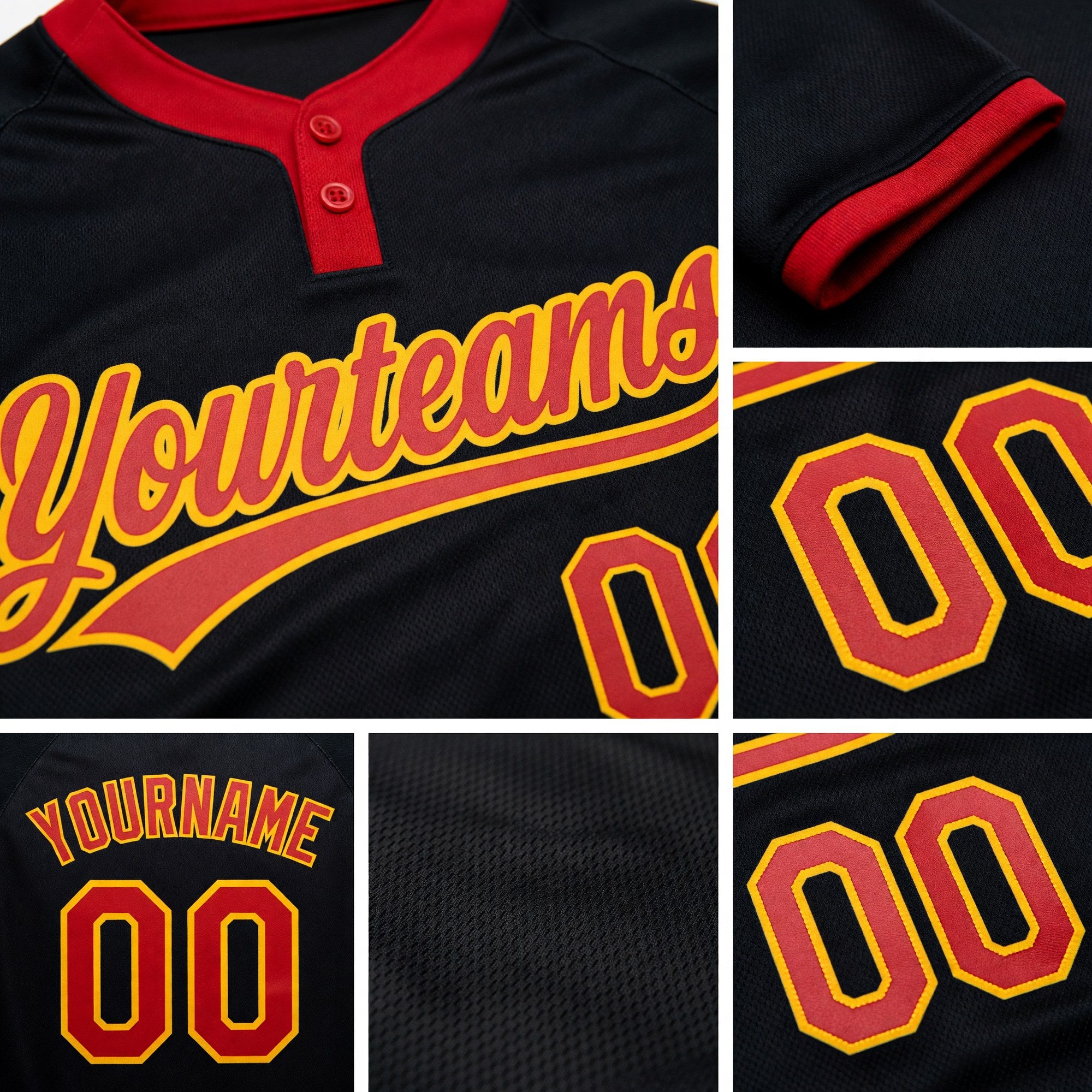 Custom Black Red-Gold Two-Button Unisex Softball Jersey detail