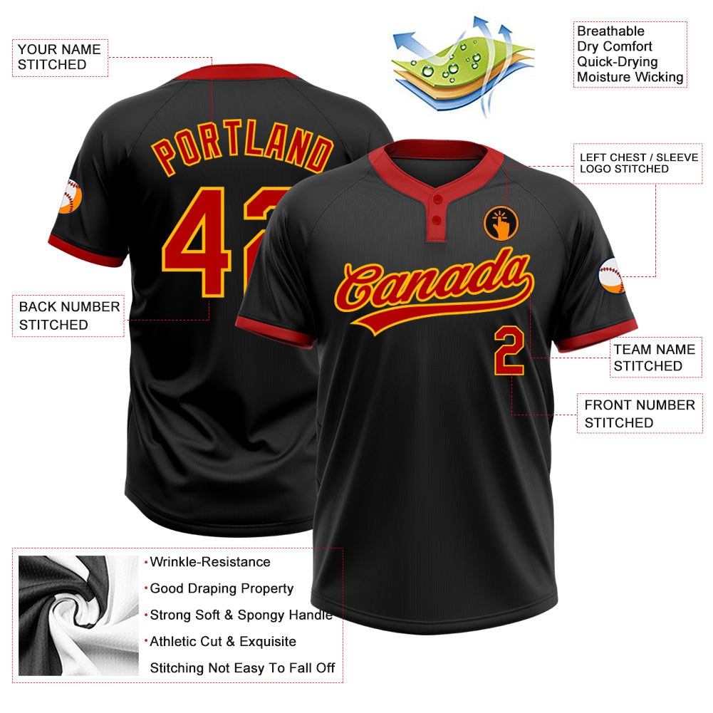 Custom Black Red-Gold Two-Button Unisex Softball Jersey photo 3