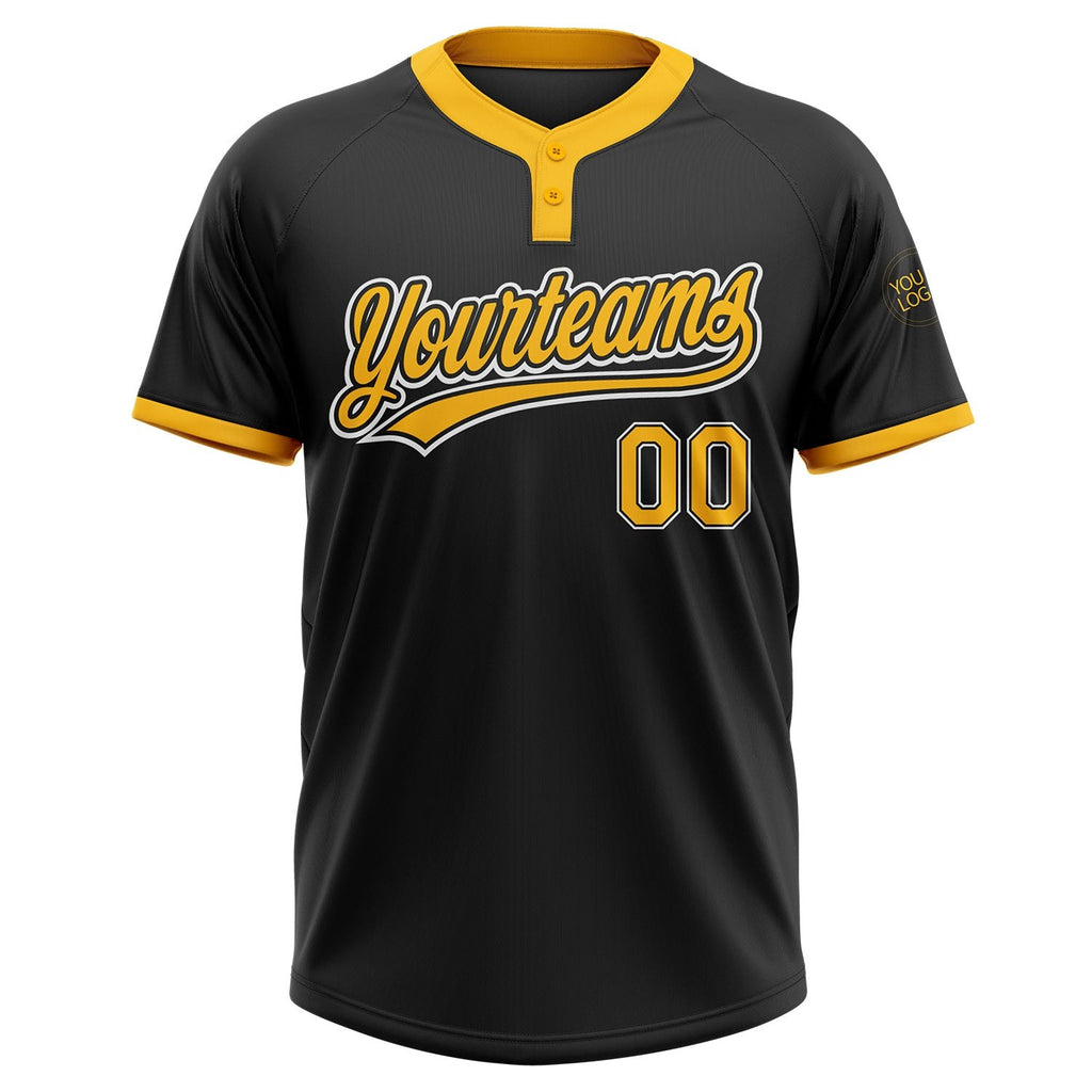 Custom Black Gold-White Two-Button Unisex Softball Jersey photo 2